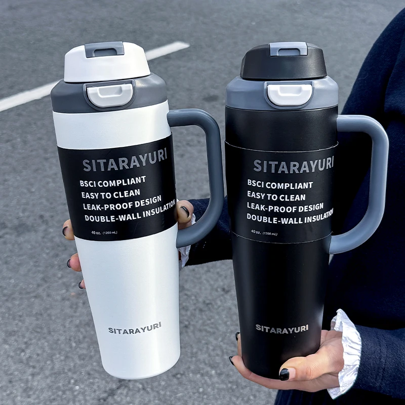 SITARAYURI Dual-Drink Insulated Tumbler 1.2L Stainless Steel Handled Cup Flip-Top Direct Sip & Straw Cup