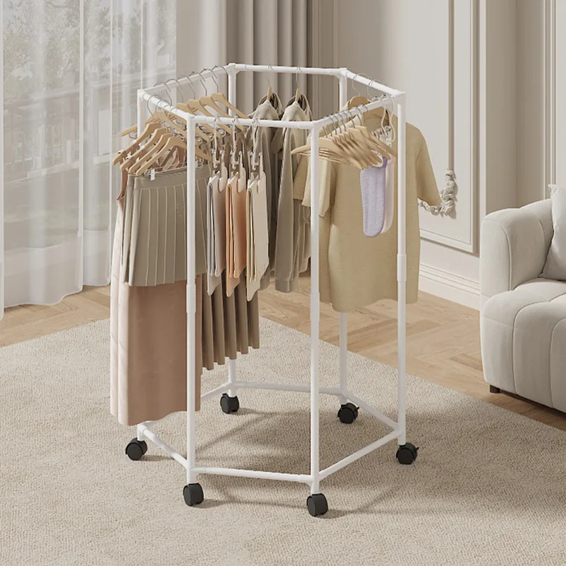 Hexagonal Rotating Clothes Rack Metal Clothes Drying Rack Movable Balcony Bedroom Clothing Storage Rack With Wheels