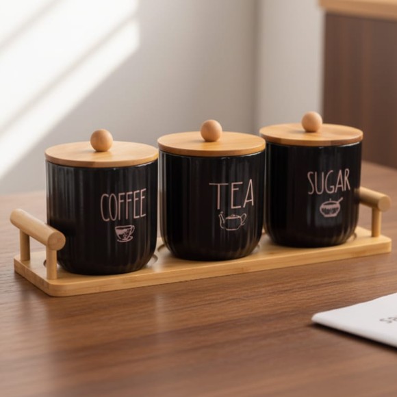 Ceramic Tea Coffee Sugar Jars Set with Tray
