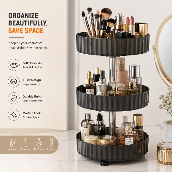 Cosmetic Stand 3 Layer with Metal Rod Revolving