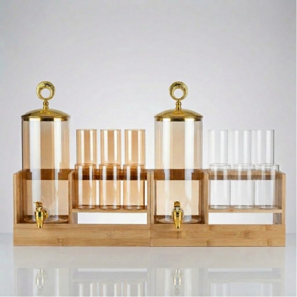 Luxury Glass Beverage Dispenser Set with 6 Glasses & Bamboo Stand – Gold Lid & Tap
