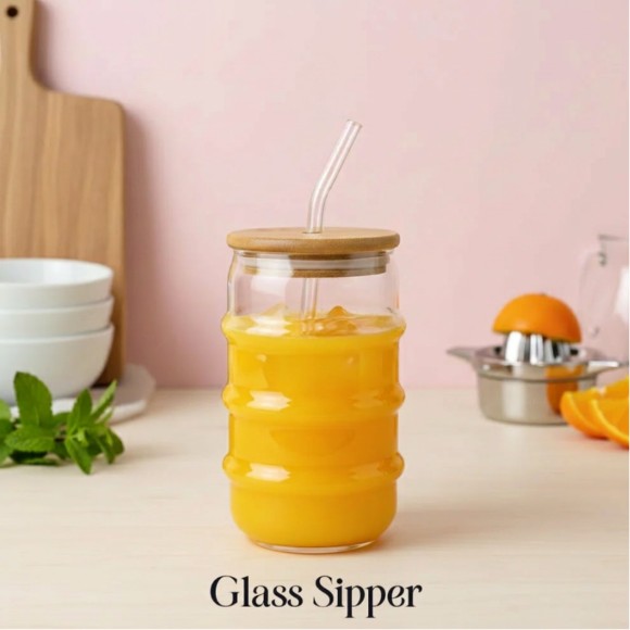 Glass Sipper with Wooden Lid & Glass Straw