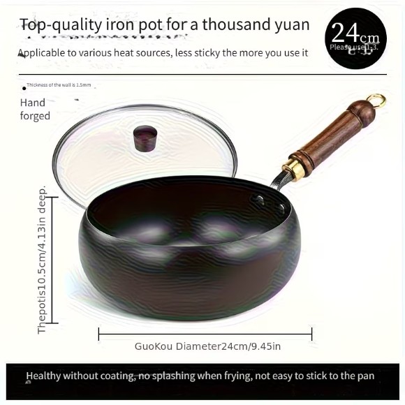 Handmade Traditional Iron Pot with Large Belly, Mirror Surface, Non-stick, No Coating, Splash-proof - 24CM