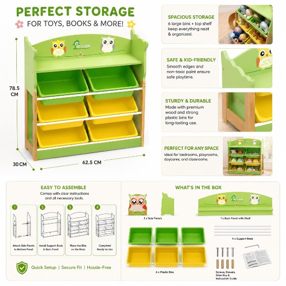 Heavy-Duty Wooden Children Play Rack with 6 Plastic Bins