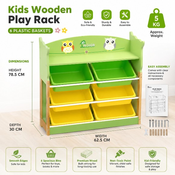 Heavy-Duty Wooden Children Play Rack with 6 Plastic Bins