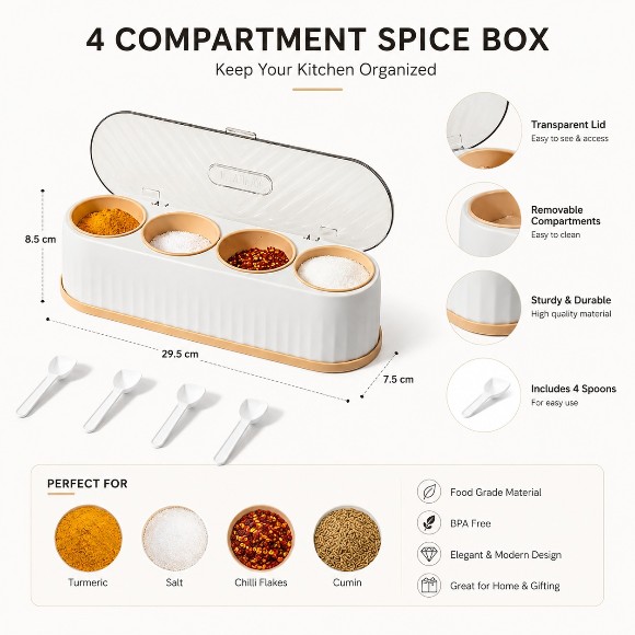 Kitchen Spice Rack Organizer with Spoons | Transparent Lid and Box | |4 Partitions Spices Box | 4 Grid Space Jars | 4 in 1 Partitions Kitchen Seasoning Box