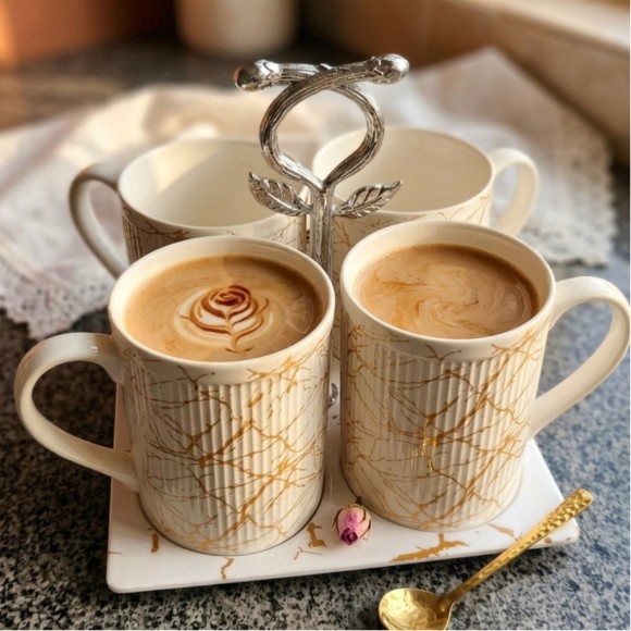 Luxury Ceramic Coffee & Tea Mug Set with Tray Set of 4