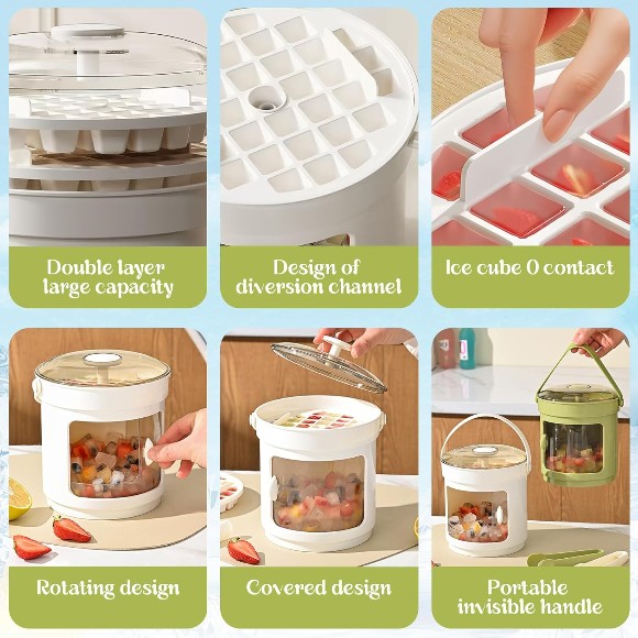 Press Type Ice Cube Tray with Lid and Container 72 Grids, Double Layer Ice Block Mould