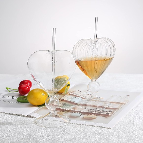 Ribbed Heart Glass Sipper with Bent Straw