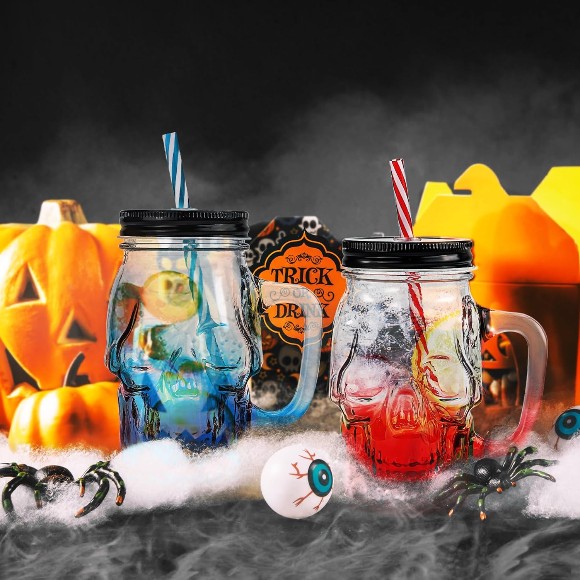 Skull Mason Jar with Lids Straws and Handle Colorful Drinking Glasses for 16 oz