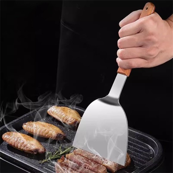 Stainless Steel Tuurner Fried Shovel Roasting Wooden Handle Pizza Spatula BBQ Beef Roast Shovel Korean Steak Iron Plate
