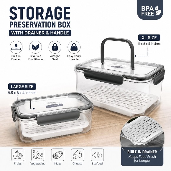 Storage Preservation Box With Drainer and Handle Acrylic