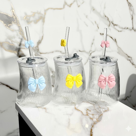 Trendy Bow-Tie Glass Tumbler with Straw 1-Pcs