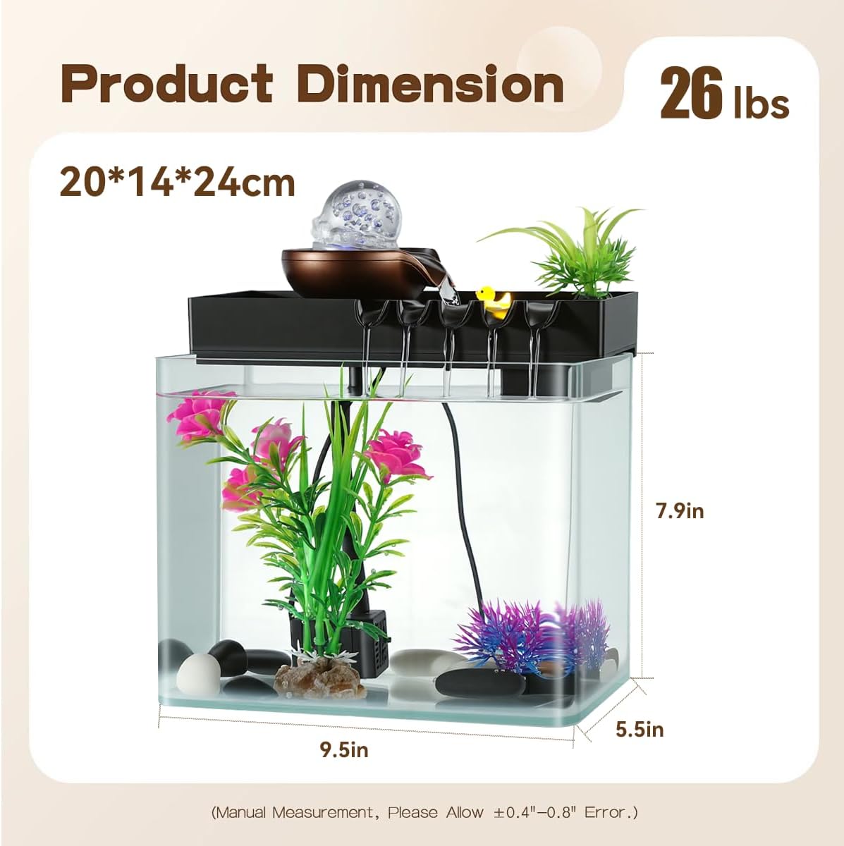 Indoor Water Fountain, 5-in-1 Tabletop Waterfall with Fish Tank