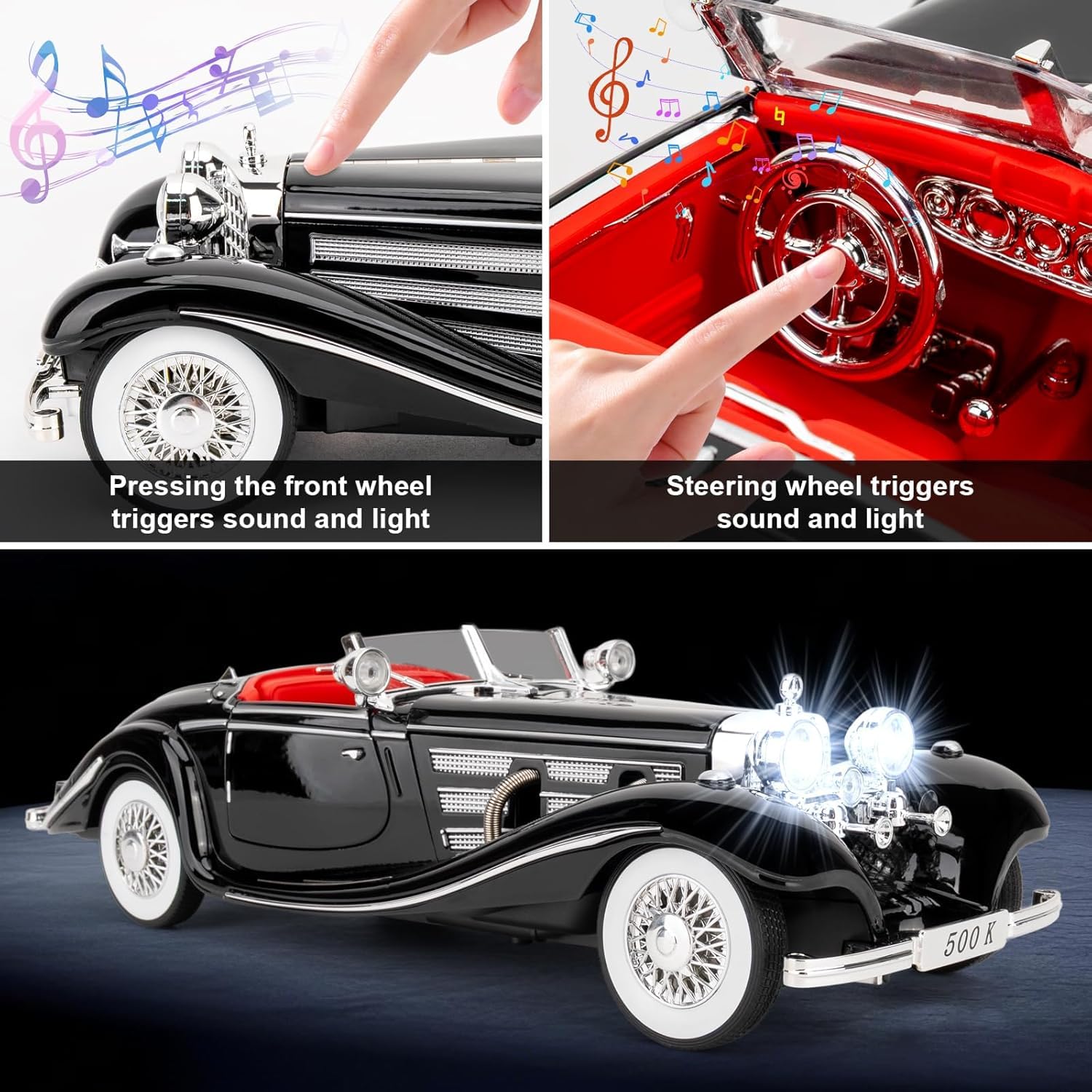 1:18 Scale Classics Benz 500K Die-Cast Metal Car with Sport car Openable Doors Light and Sound