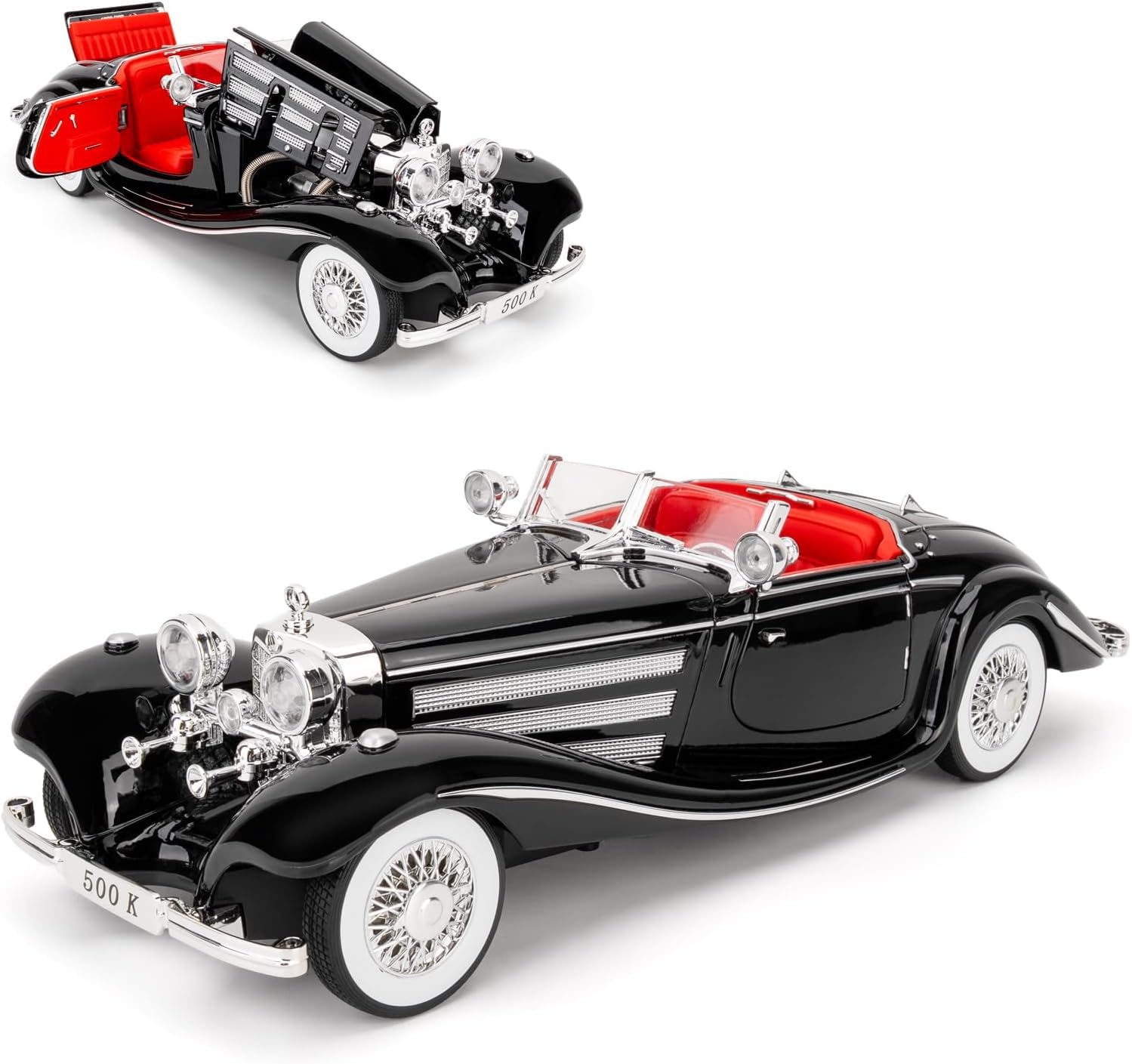 1:18 Scale Classics Benz 500K Die-Cast Metal Car with Sport car Openable Doors Light and Sound