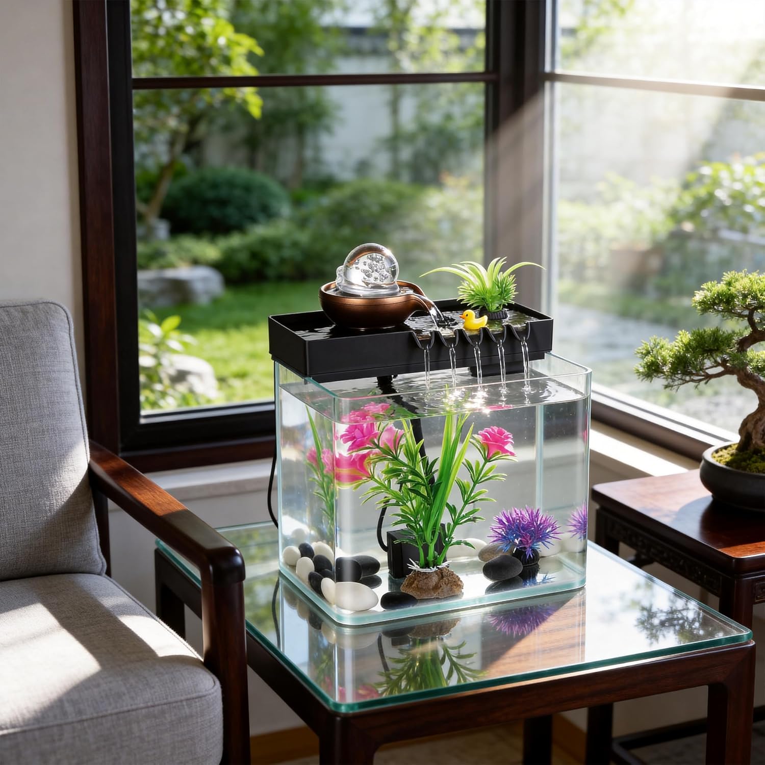 Indoor Water Fountain, 5-in-1 Tabletop Waterfall with Fish Tank