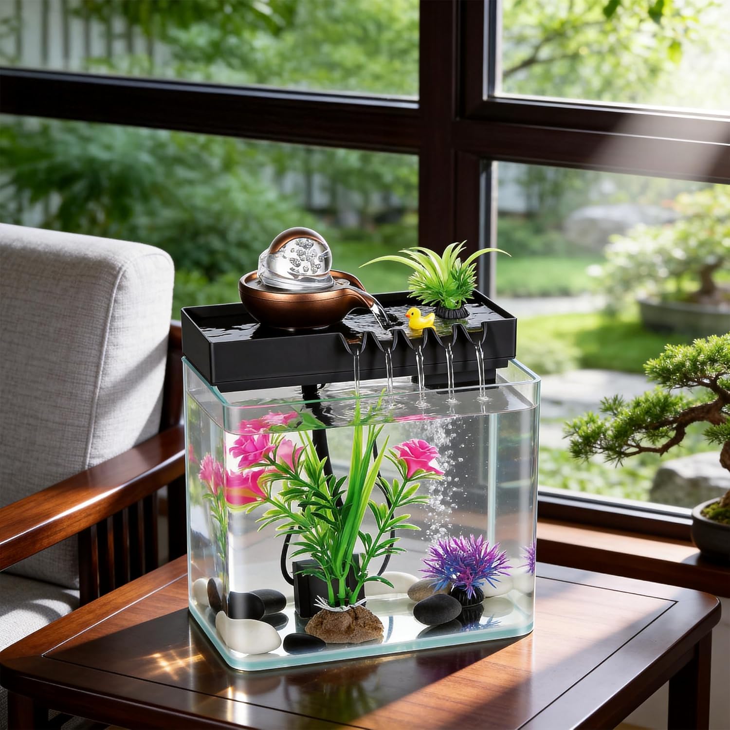 Indoor Water Fountain, 5-in-1 Tabletop Waterfall with Fish Tank