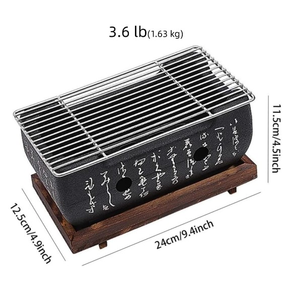 Japanese Hibachi Grill, Portable Tabletop Yakitori Charcoal Grill for Indoor Outdoor BBQ with Wooden Base & Cooking Grate 4.9x4.5x9.4in