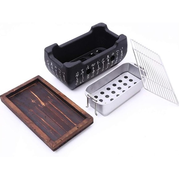 Japanese Hibachi Grill, Portable Tabletop Yakitori Charcoal Grill for Indoor Outdoor BBQ with Wooden Base & Cooking Grate 4.9x4.5x9.4in