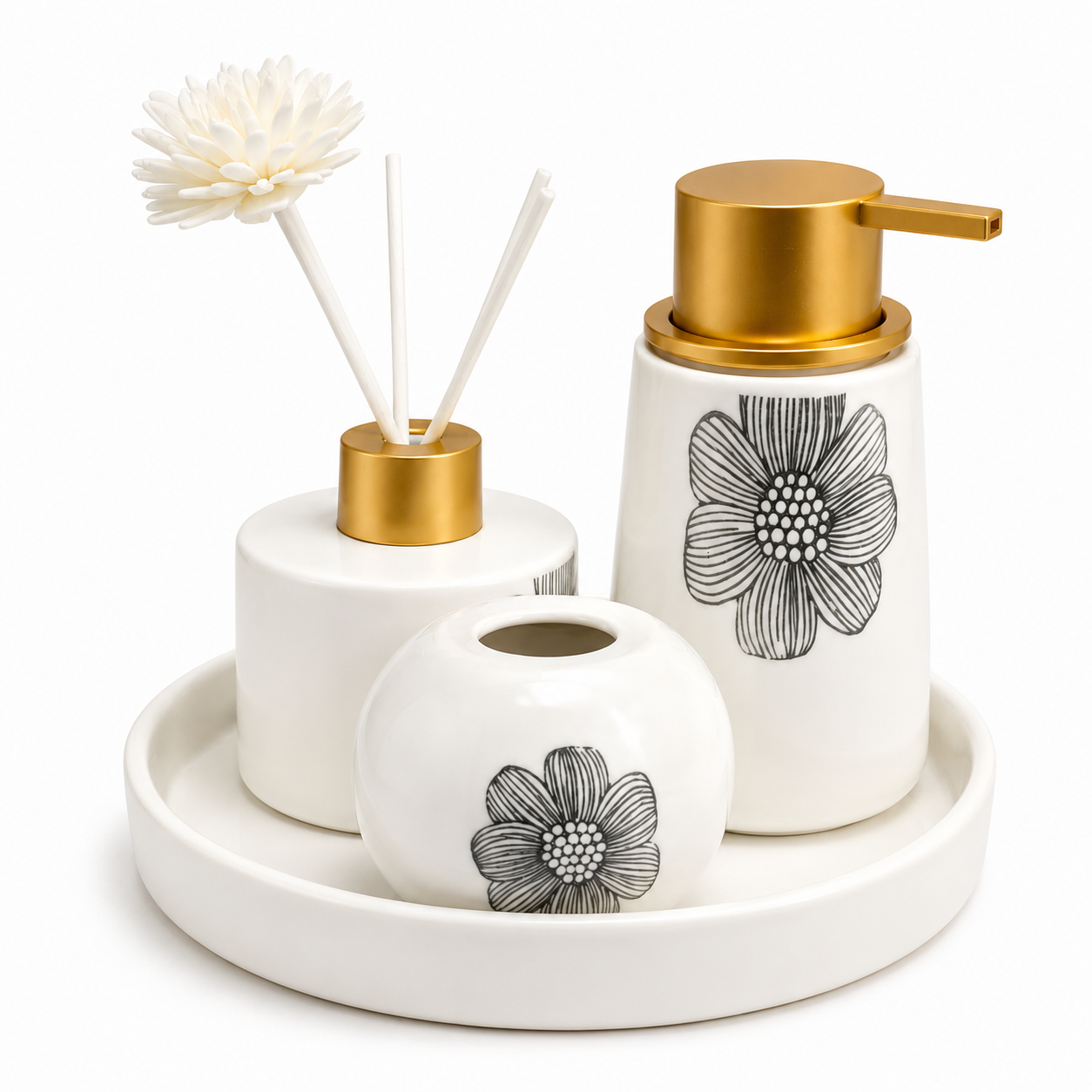Luxury Floral Ceramic Bathroom Accessories Set with Tray