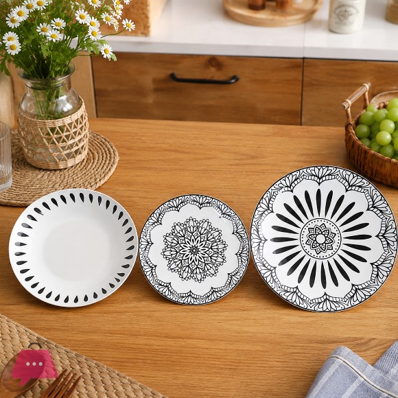 Mandala Black & White Porcelain Plate Set 18 Piece