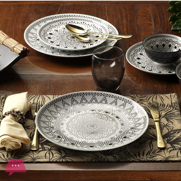 Mandala Black & White Porcelain Plate Set 18 Piece