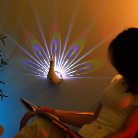 Peacock Wall Light 7 Color LED Peacock Projection Lamp Nightlight with Remote Control USB Rechargeable Night Light