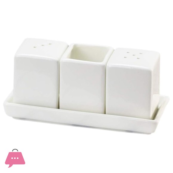 Set of 4 Pure White Porcelain Salt and Pepper Shakers and Toothpick Holder and Tray.