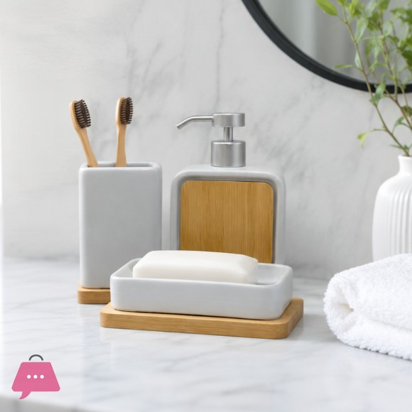 Square Ceramic and Bamboo Bathroom Accessory Set 2 Colors