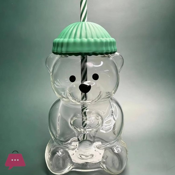 Teddy Bear Shaped Tumbler Beverage Bottle with Top Hat Cap Lid Straw