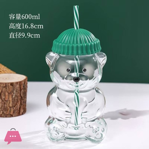 Teddy Bear Shaped Tumbler Beverage Bottle with Top Hat Cap Lid Straw