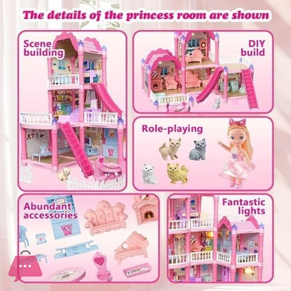 Villa Kids Doll House Playset 3-Story Princess Dream Home 258Pcs with Slide Balcony and Garden for Girls Ages 3+
