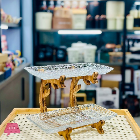 2-Tier Crystal Glass Serving Tray with Stepped Wooden Stand
