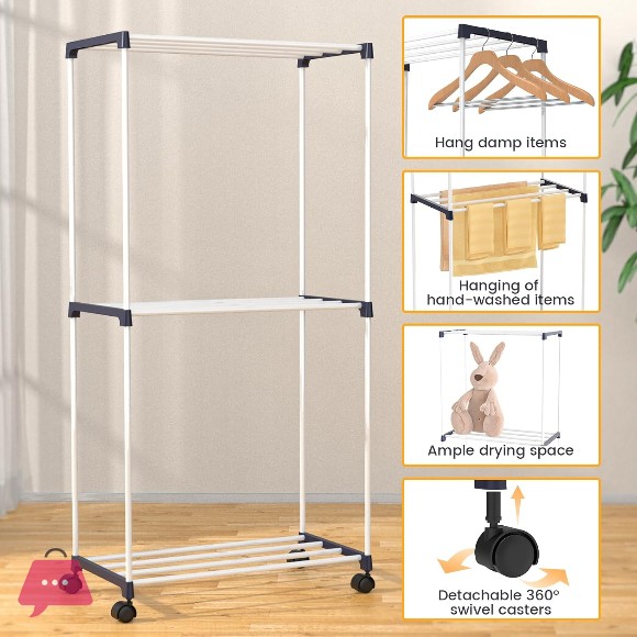 3-Tier Movable Laundry Drying Rack Freestanding Towel Rack Wheels