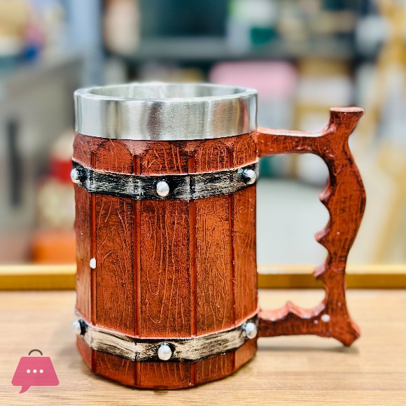 Vintage Wooden Barrel Beer Mug Stainless Steel Lined Resin Tankard 500Ml