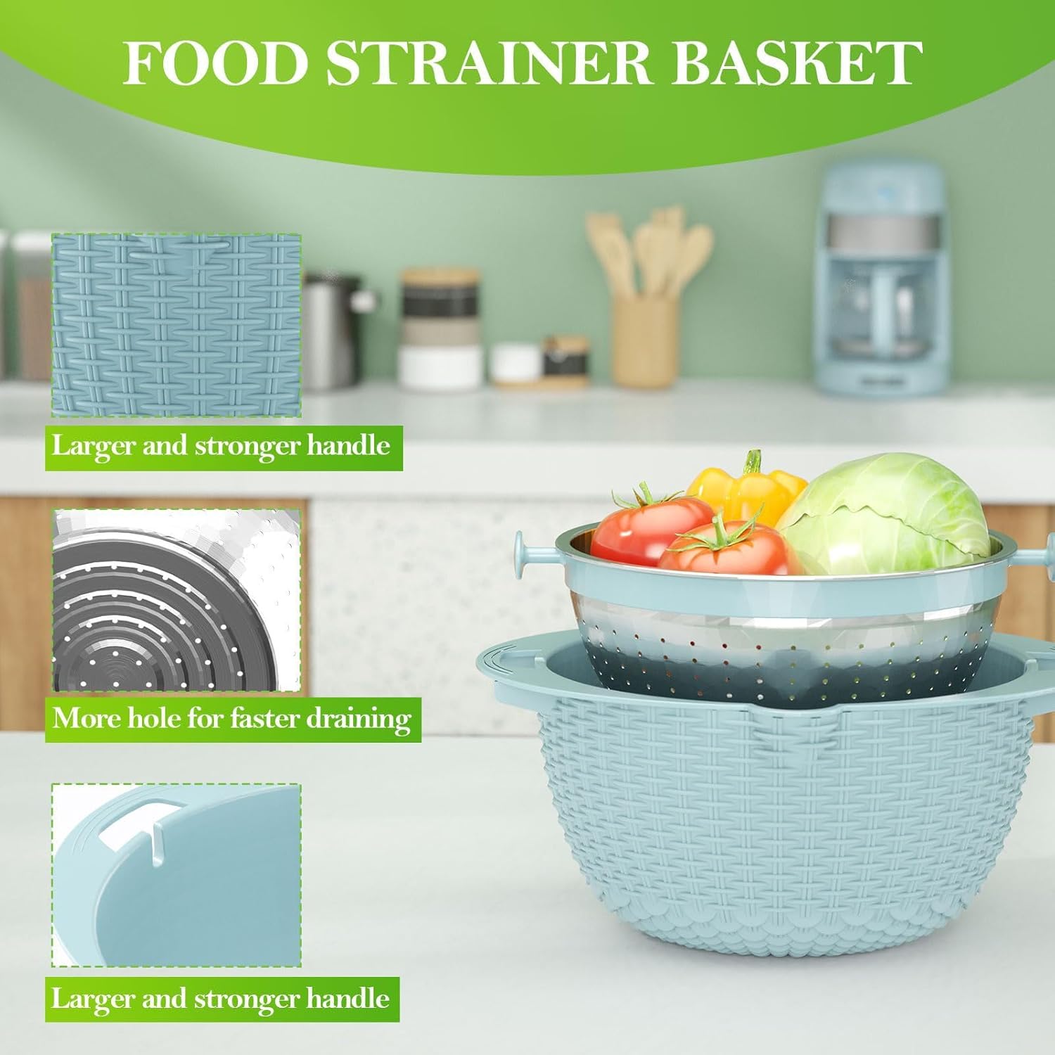 4-in-1 Multifunctional Kitchen Colander Drain Basket with Lid and Slicer, Rotatable Fruit Washer Spinner Bowl, Rice Rinser and Strainer for Home Kitchen Fruit Vegetable Rice Washing Tool