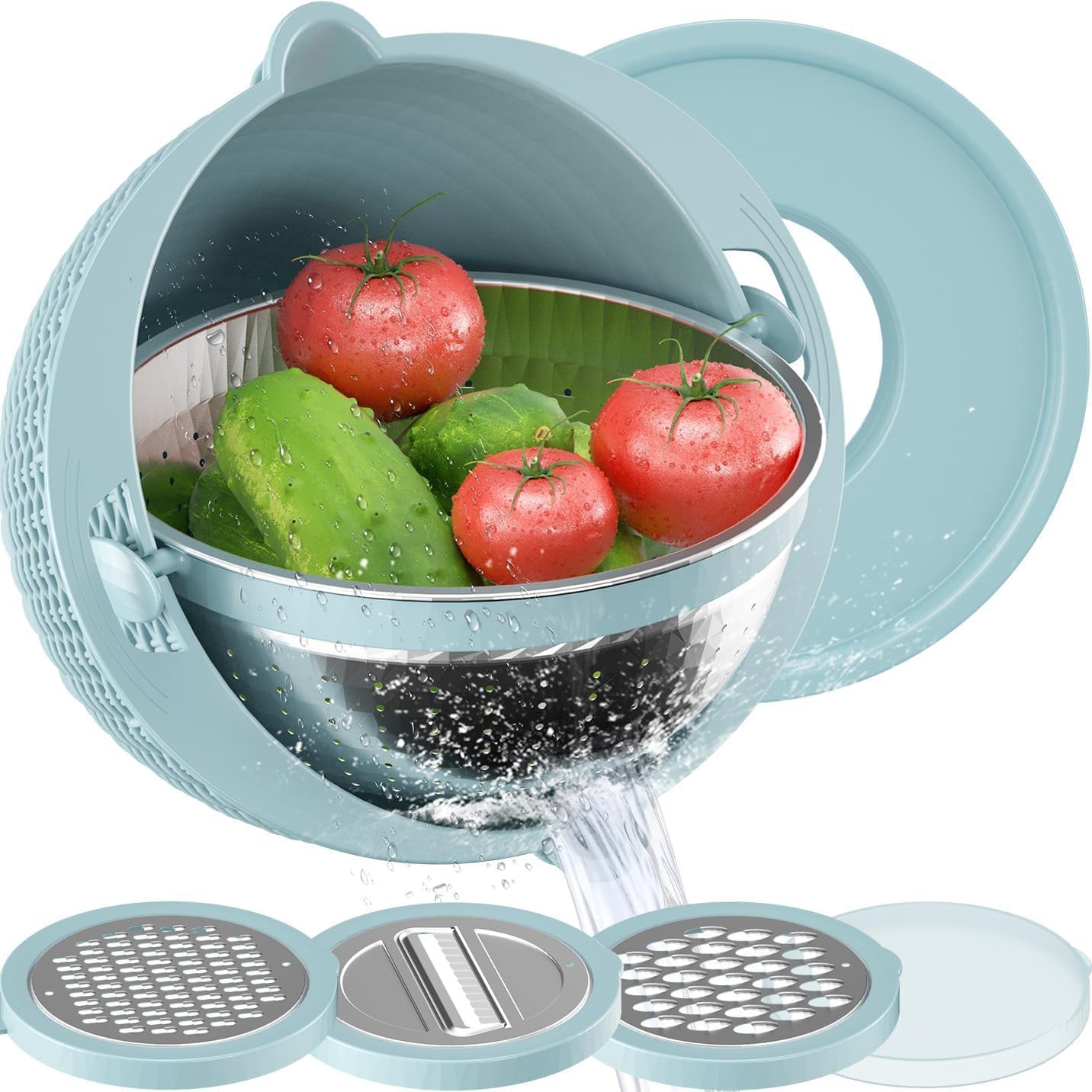 4-in-1 Multifunctional Kitchen Colander Drain Basket with Lid and Slicer, Rotatable Fruit Washer Spinner Bowl, Rice Rinser and Strainer for Home Kitchen Fruit Vegetable Rice Washing Tool