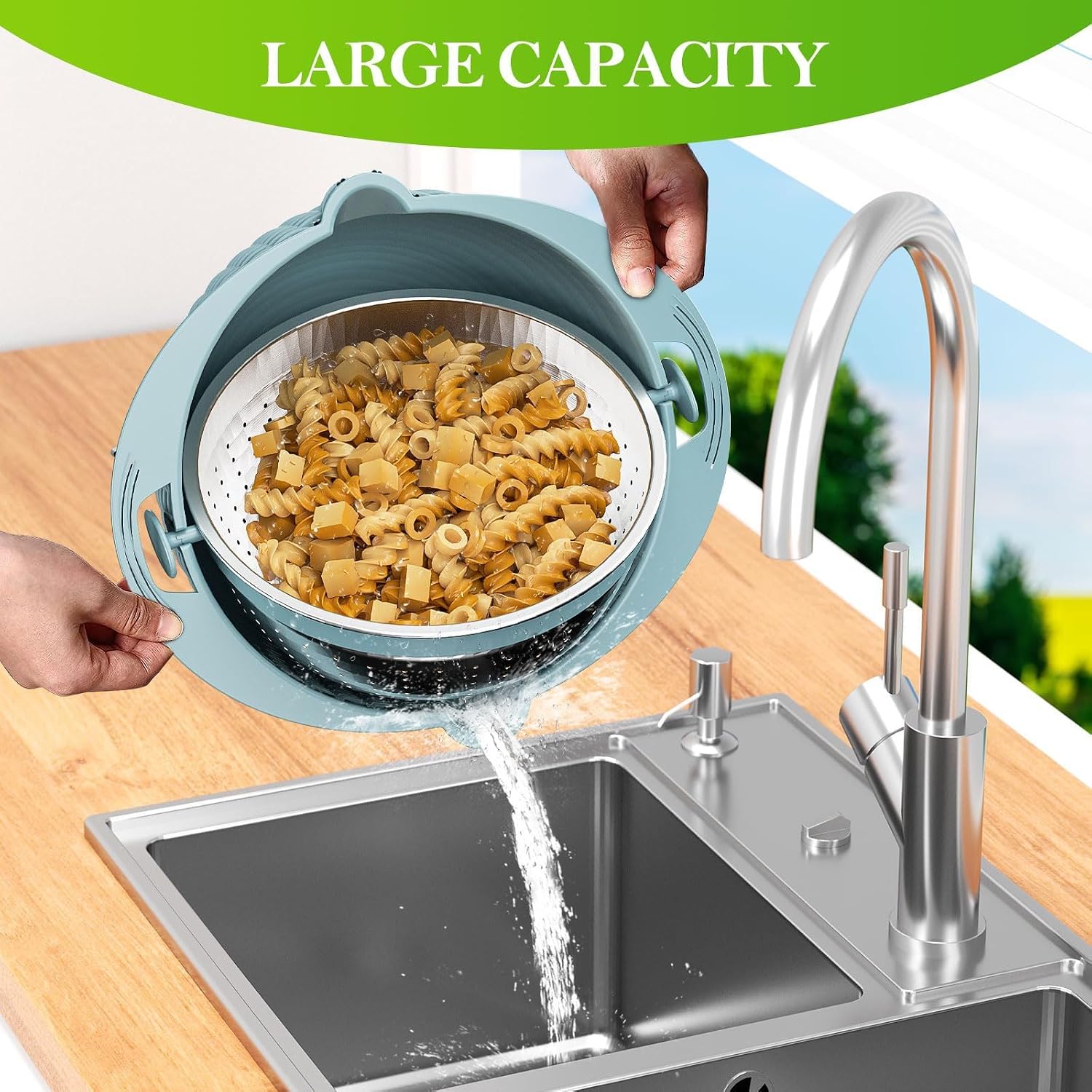 4-in-1 Multifunctional Kitchen Colander Drain Basket with Lid and Slicer, Rotatable Fruit Washer Spinner Bowl, Rice Rinser and Strainer for Home Kitchen Fruit Vegetable Rice Washing Tool