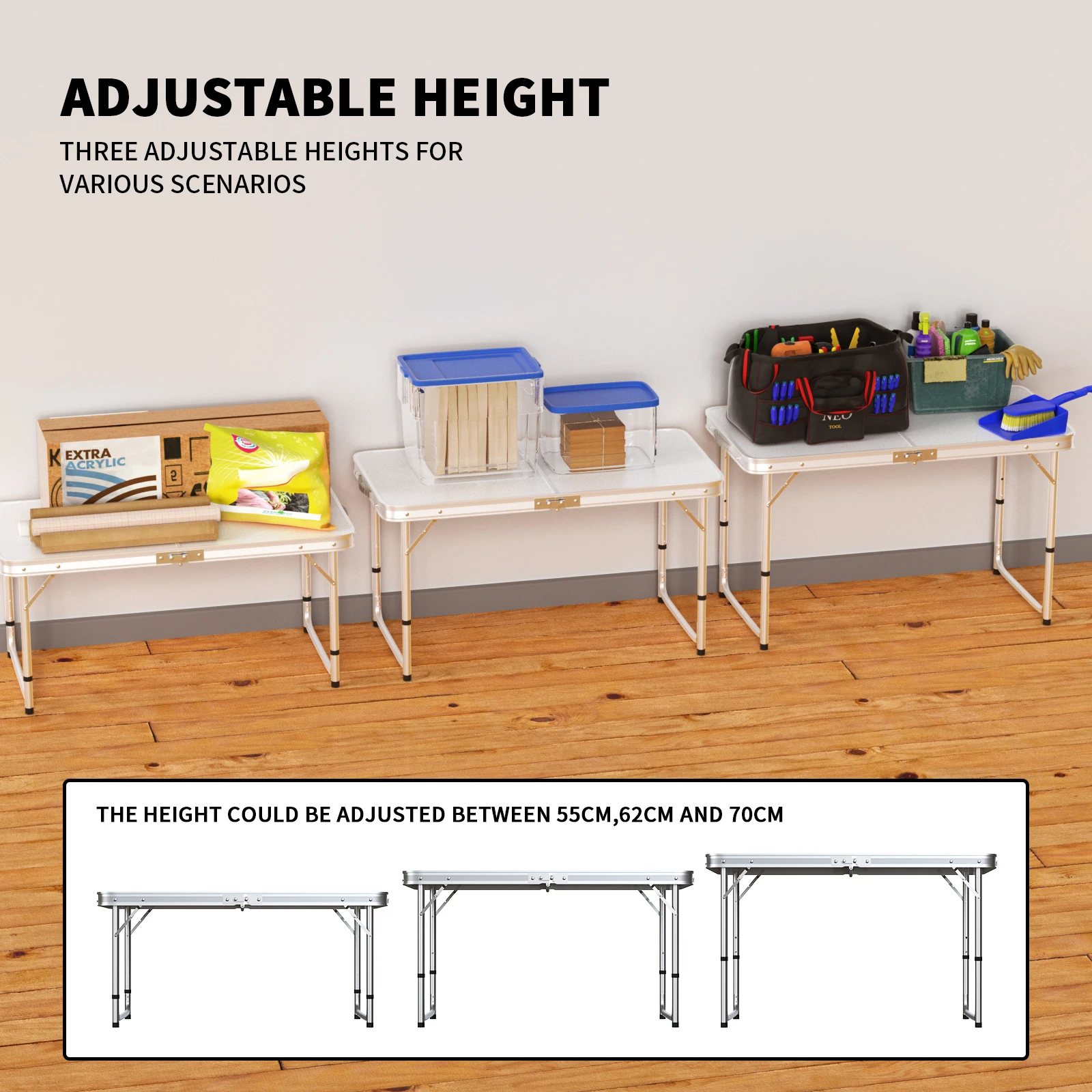 Aluminium Lightweight Folding Table 120cm 4ft Height Adjustable 3 Settings Camping Picnic BBQ w/Carry Handle