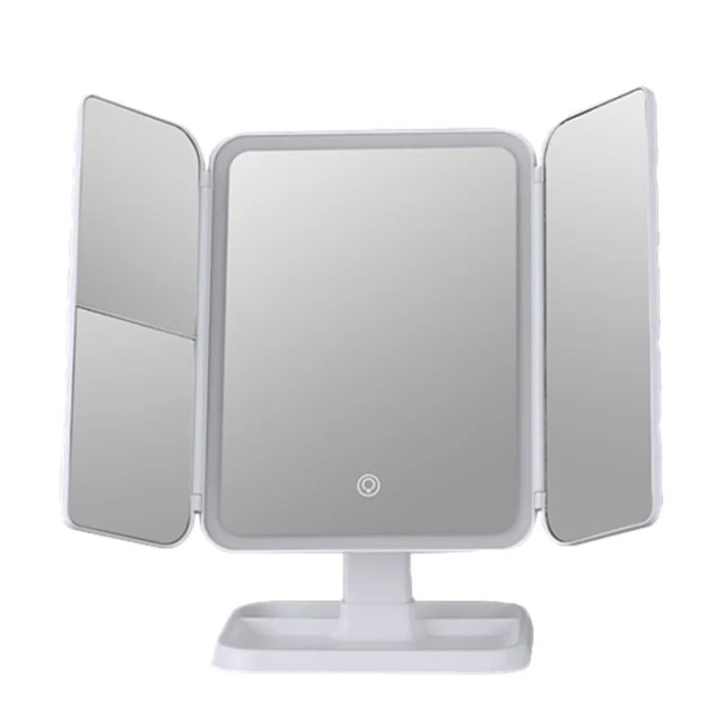 Smart LED Makeup Mirror Rotatable Tri-Fold Vanity Mirror Touch Screen Dimmable Rechargeable Beauty Mirror for Desktop