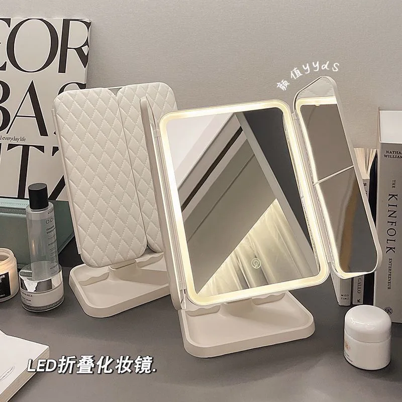 Smart LED Makeup Mirror Rotatable Tri-Fold Vanity Mirror Touch Screen Dimmable Rechargeable Beauty Mirror for Desktop