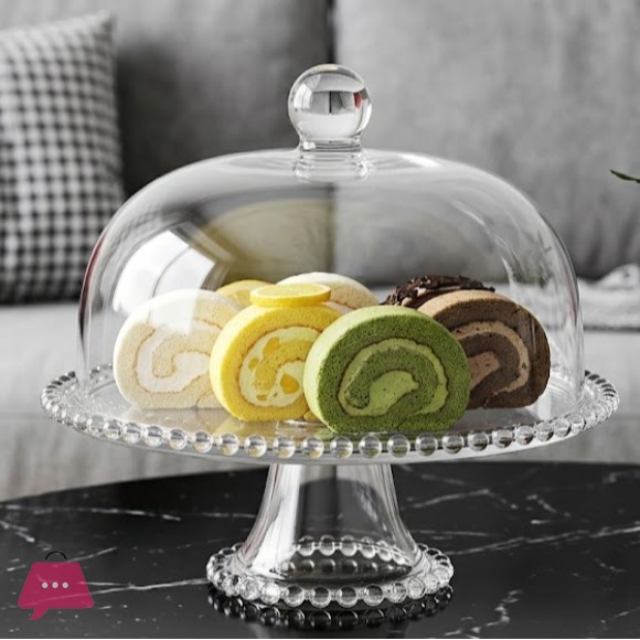 Beaded Glass Cake Stand with Glass Dome Lid - 30cm