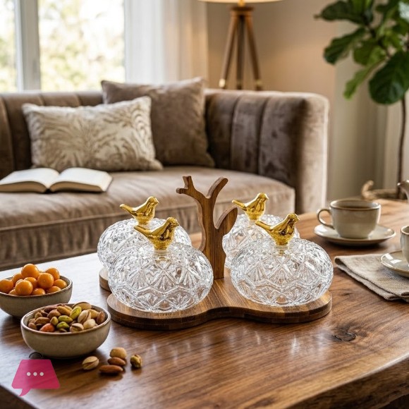 Bird 4-Piece Crystal Glass Candy Jars with 2 Tier Wooden Stand
