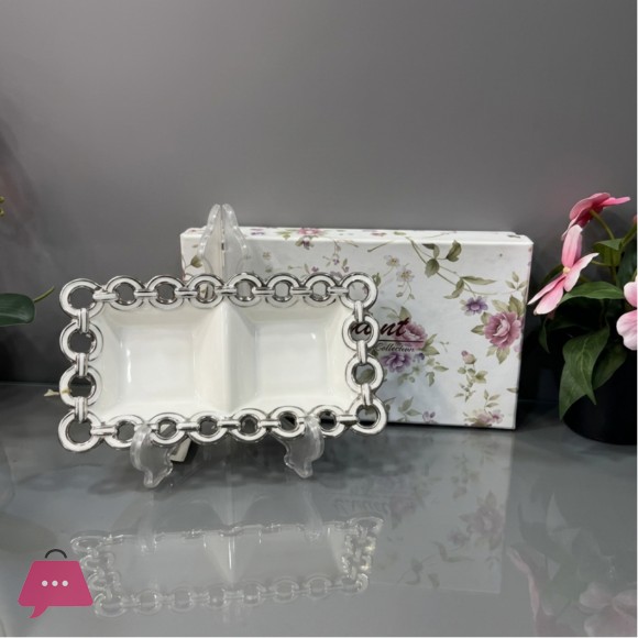 Brilliant Ceramic Circle Edge Rectangle 2 Partition Plate 8.75Inch - BR5064