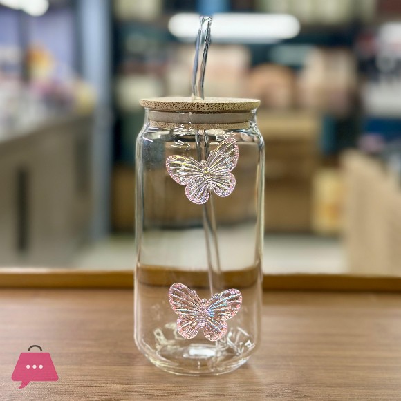 Butterfly Ice Tea Glass with Straw & Lid