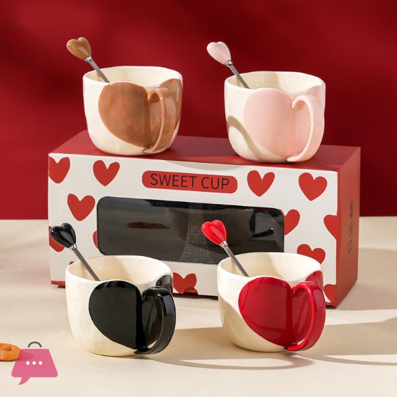 Ceramic love Couple Coffee 2Mug with 2Spoon 350ML - 4Pcs