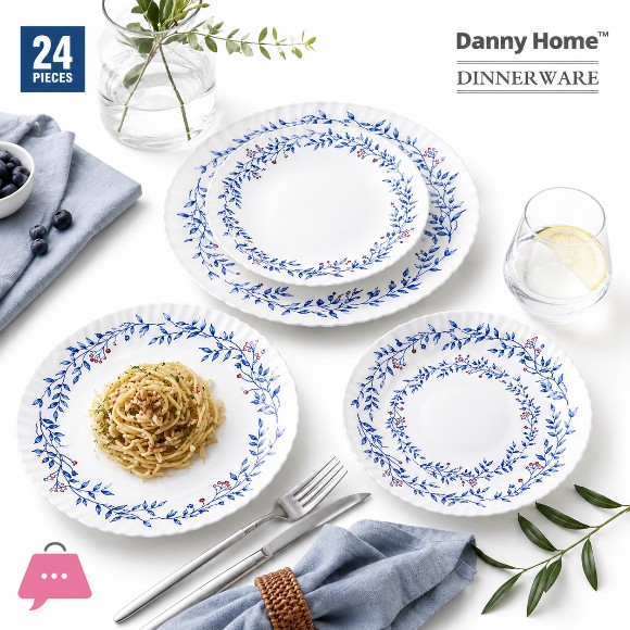 Danny Home Elegant Blue Leaf Pattern 24pcs Dinnerware Set