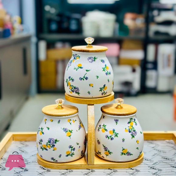 Floral Ceramic Jar Set with Bamboo Stand - 3-Piece