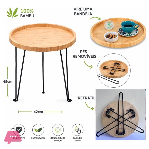 Folding Bamboo Side Table 42x45cm with Retractable Metal Legs